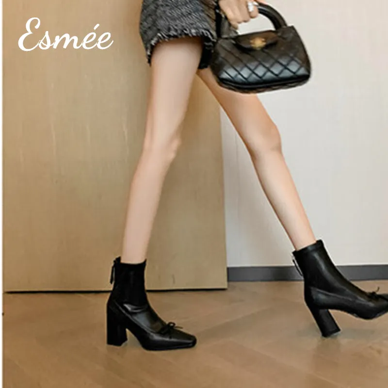 Leather High Heel Ankle Boots with Bow Knot Design
