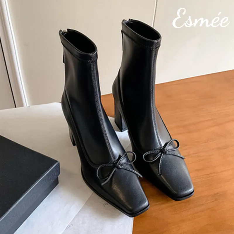 Leather High Heel Ankle Boots with Bow Knot Design