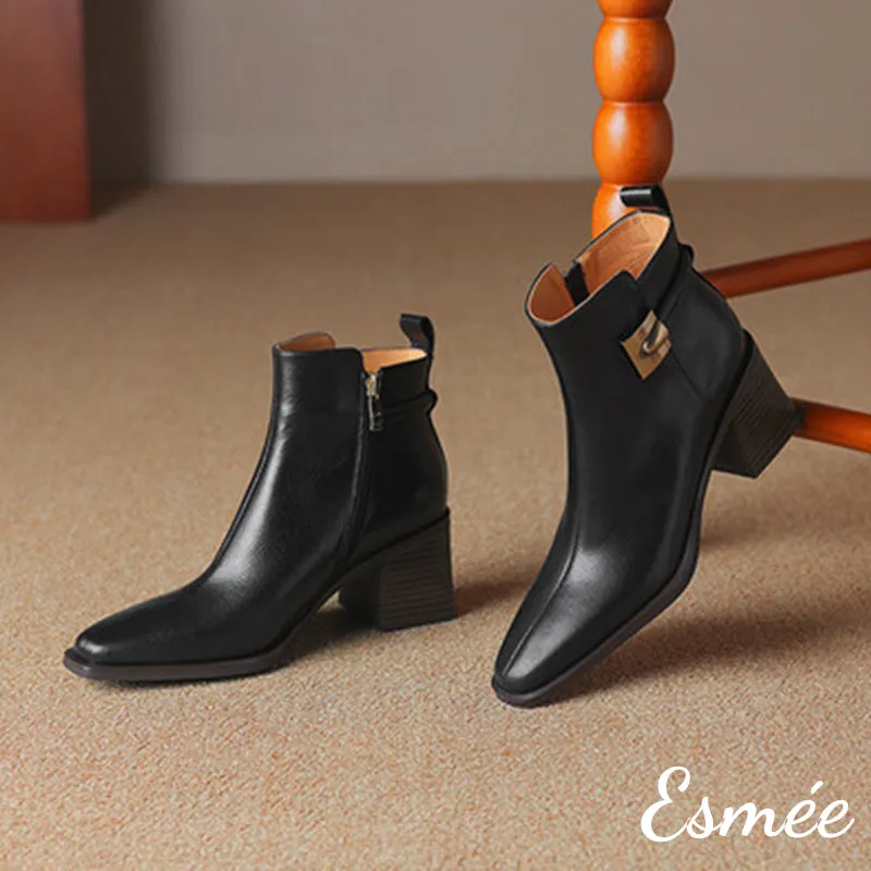 Leather High Heel Ankle Boots with Metal Buckle Design
