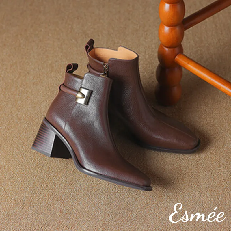 Leather High Heel Ankle Boots with Metal Buckle Design