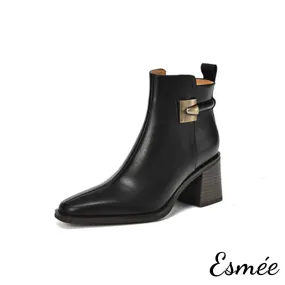 Leather High Heel Ankle Boots with Metal Buckle Design
