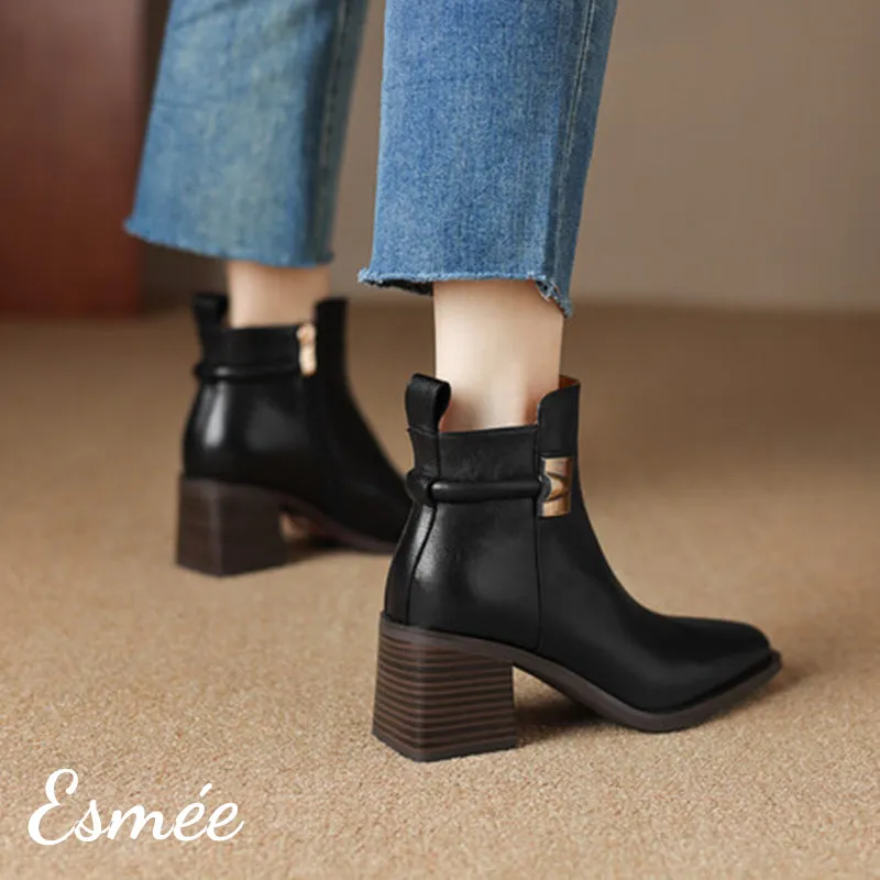 Leather High Heel Ankle Boots with Metal Buckle Design