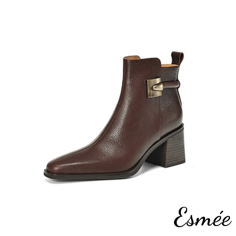 Leather High Heel Ankle Boots with Metal Buckle Design