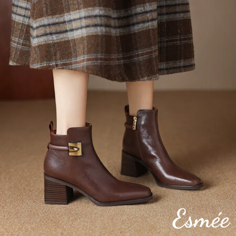 Leather High Heel Ankle Boots with Metal Buckle Design