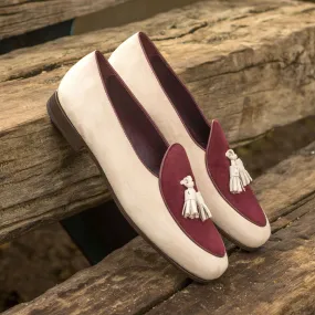Men's Belgian Leather Slippers Wide Plus Size White Burgundy 4530