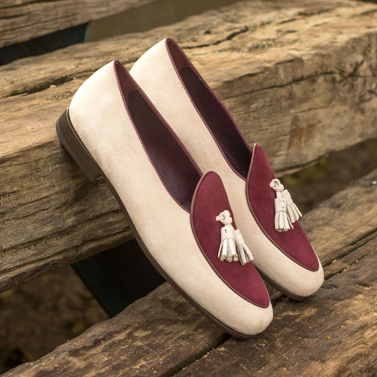 Men's Belgian Leather Slippers Wide Plus Size White Burgundy 4530