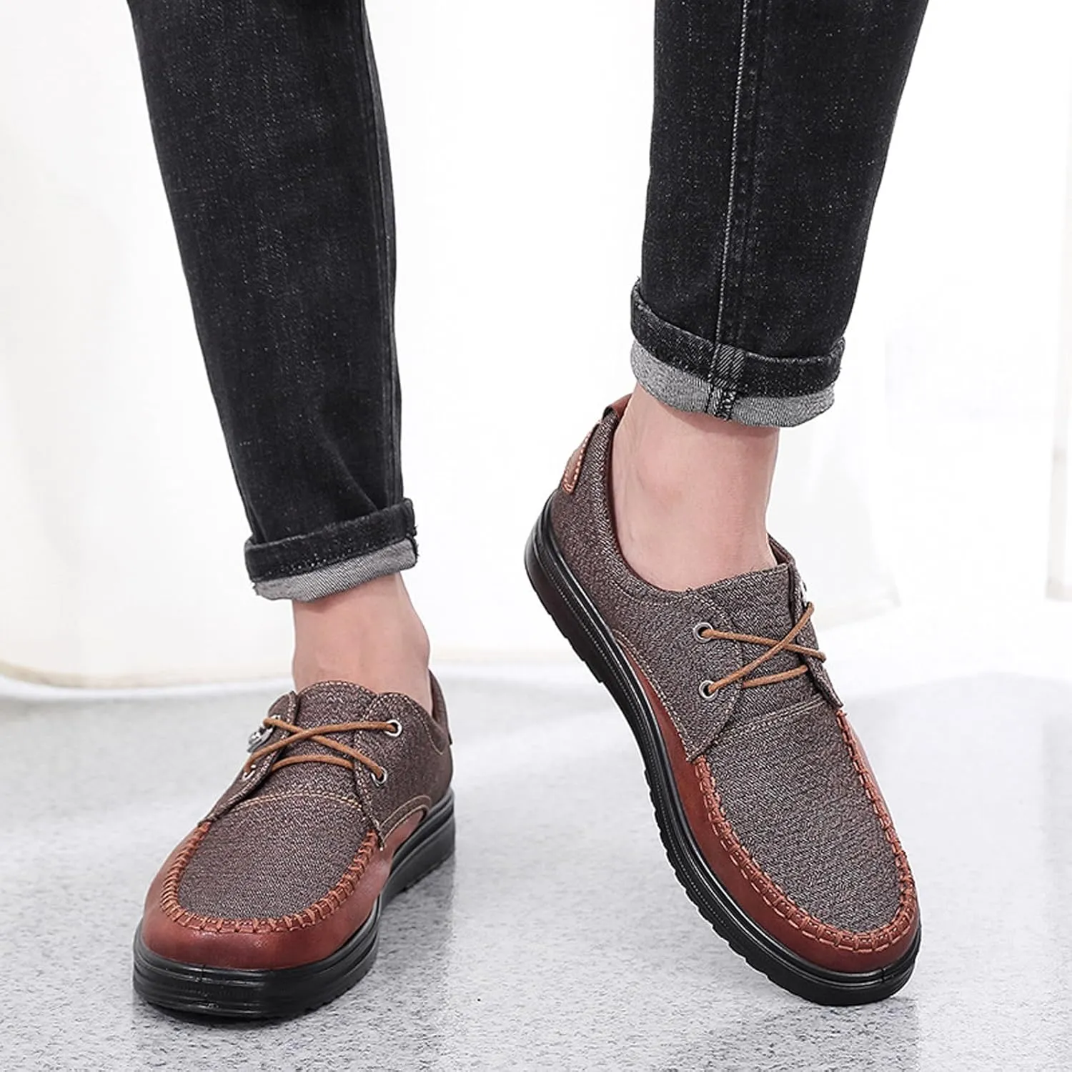 Men's Canvas Lace-up Sneakers Loafers,Fashion Casual Slip-on Soft Sole Walking Boat Shoes,Comfort Non-Slip Dad Work Shoes