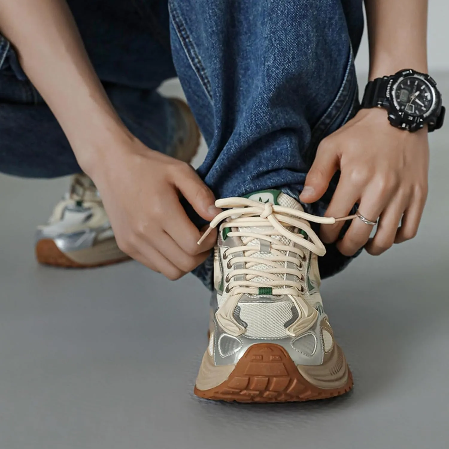 Men's Fashion Breathable Mesh Leather Lace Up Chunky Platform Sneakers Casual Non Slip Round Toe Driving Walking Tennis Running Dad Sneakers