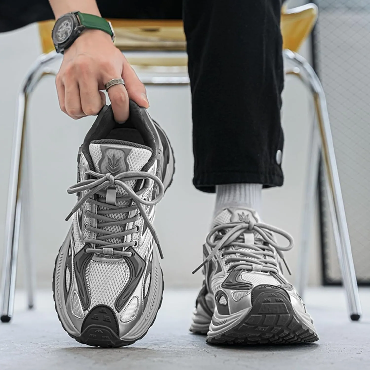 Men's Fashion Breathable Mesh Leather Lace Up Chunky Platform Sneakers Casual Non Slip Round Toe Driving Walking Tennis Running Dad Sneakers