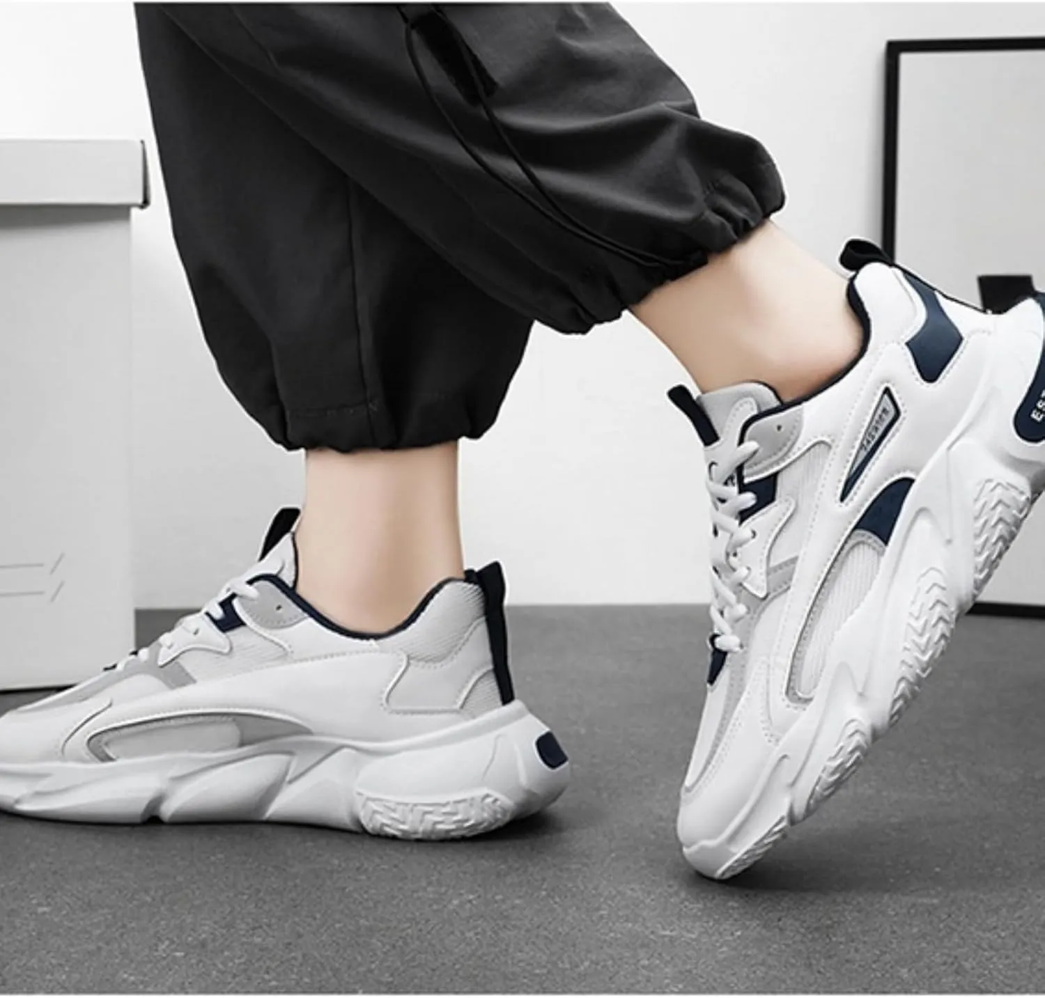 Men's Fashion Breathable Mesh Platform Lace Up Sneakers Lightweight Non Slip Height Increase Dad for Walking Driving Travel Shoes