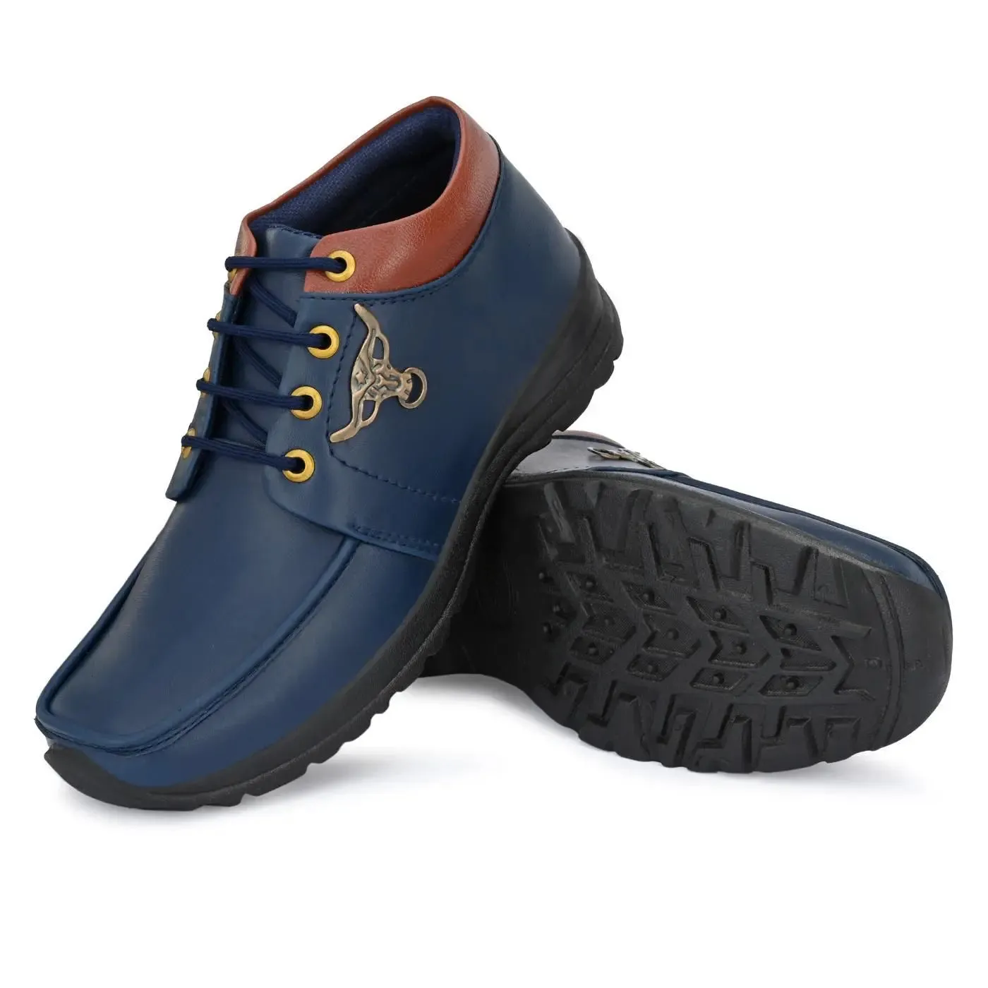 Men's Synthetic Leather Lace Up Boot Slide Leather Shoes Blue
