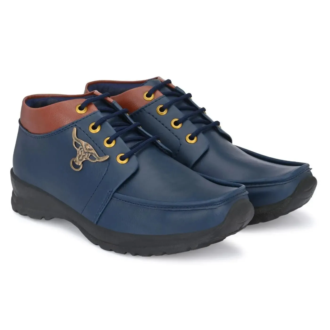 Men's Synthetic Leather Lace Up Boot Slide Leather Shoes Blue