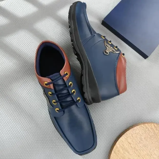 Men's Synthetic Leather Lace Up Boot Slide Leather Shoes Blue