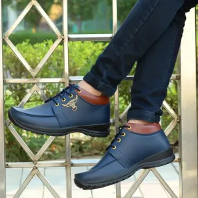 Men's Synthetic Leather Lace Up Boot Slide Leather Shoes Blue