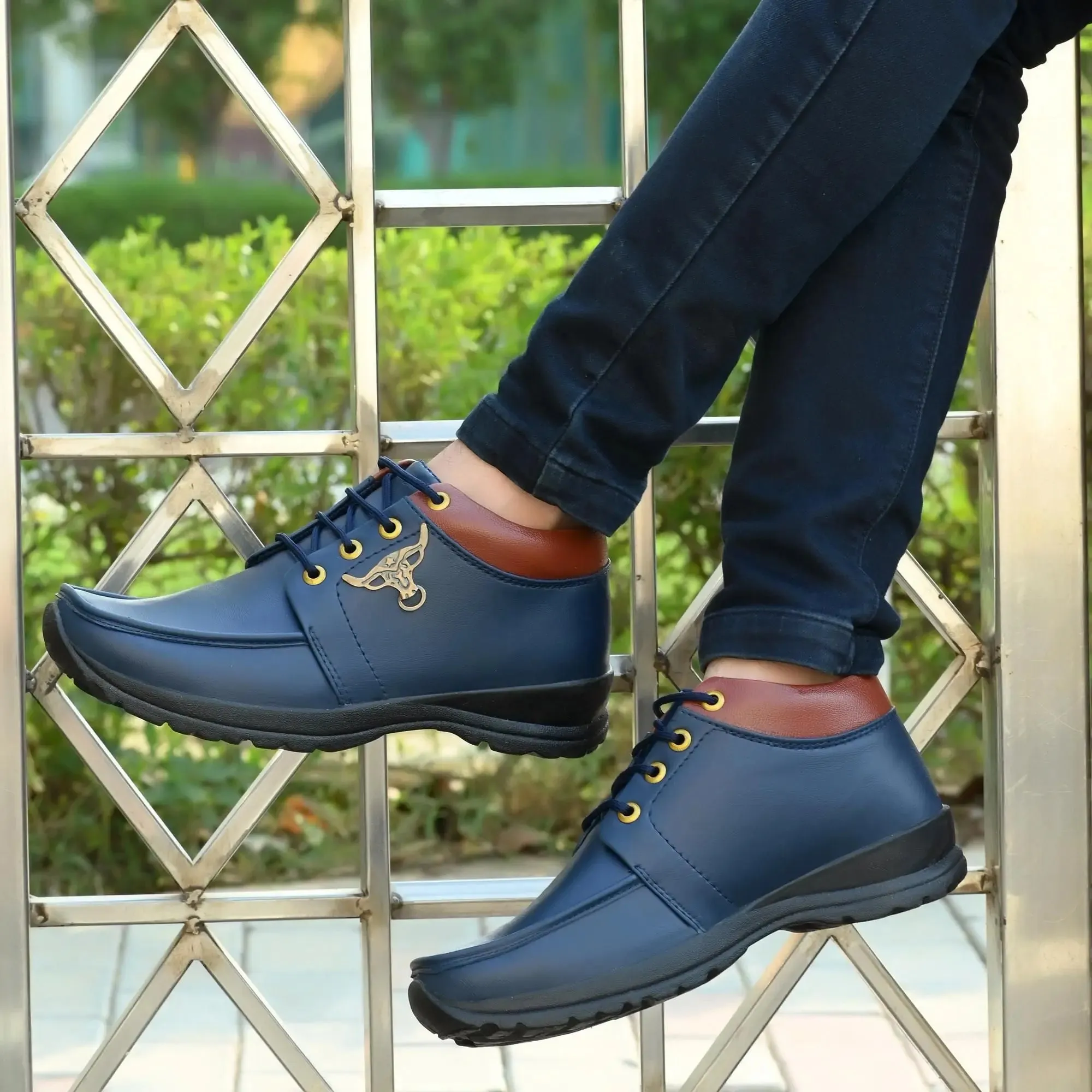 Men's Synthetic Leather Lace Up Boot Slide Leather Shoes Blue