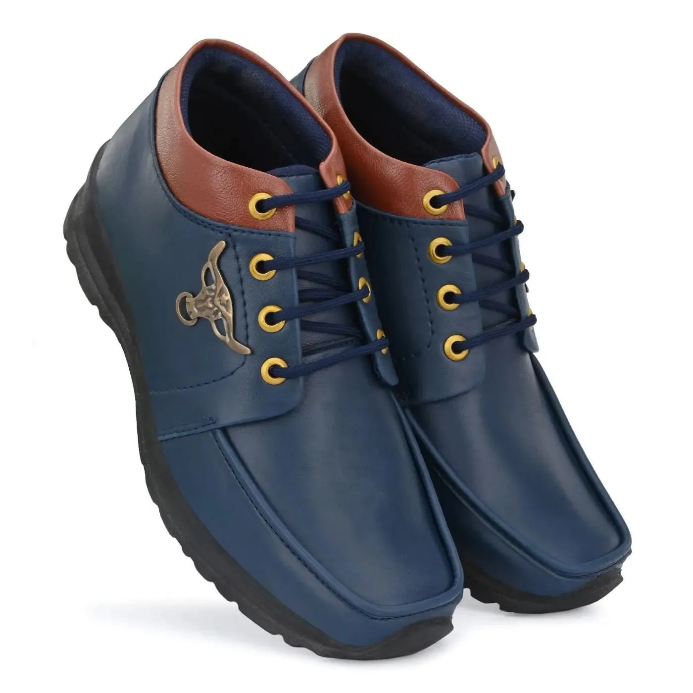Men's Synthetic Leather Lace Up Boot Slide Leather Shoes Blue