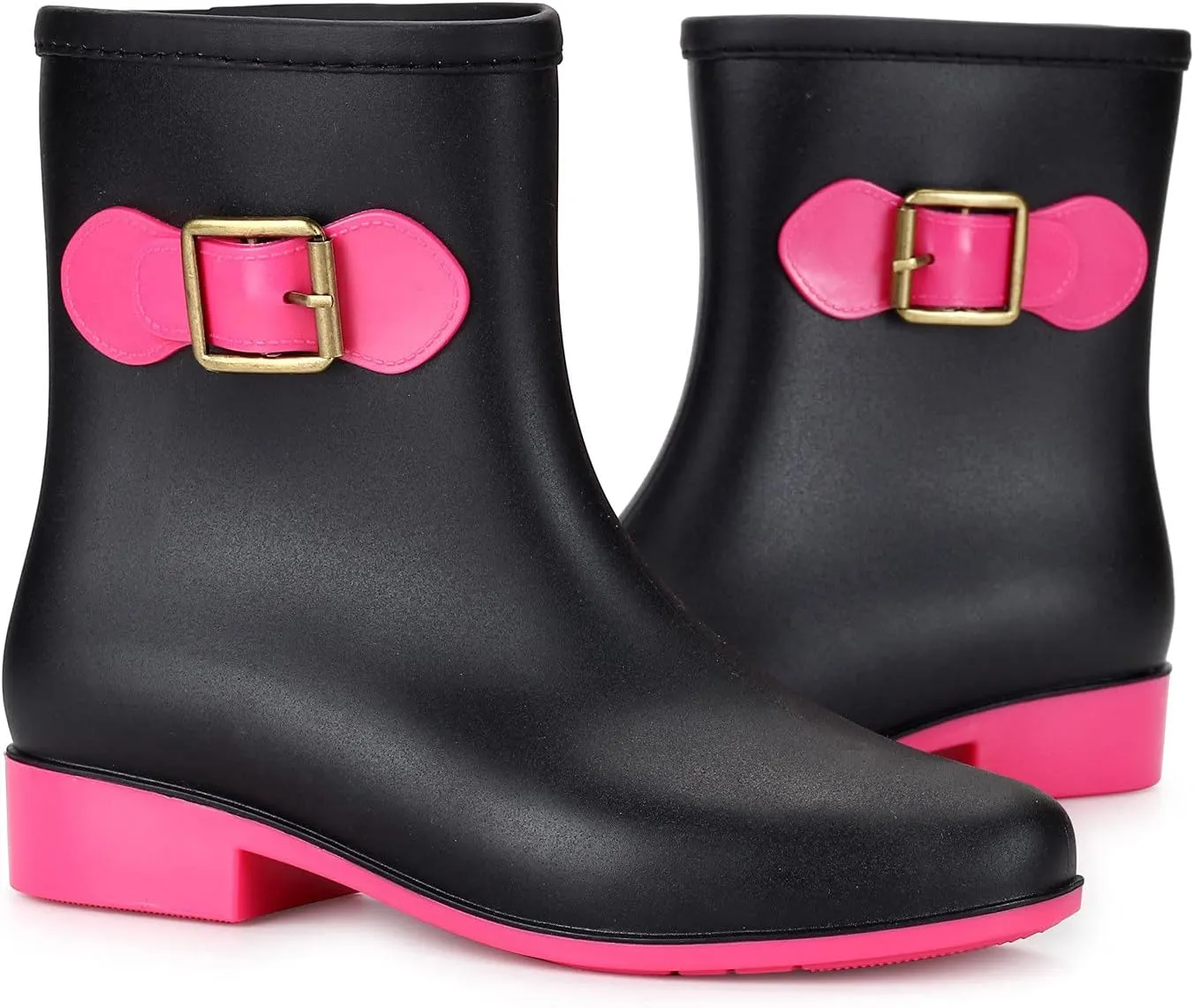 oiangi Rain Boots for Women Waterproof Fashion Non-slip Solid Round Toe Plastic Low Heel Hasp Slip-on Mid Calf Boots Comfortable Casual Square Heel Shoes