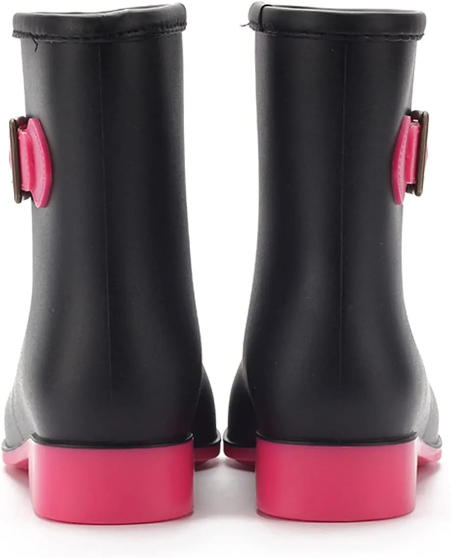 oiangi Rain Boots for Women Waterproof Fashion Non-slip Solid Round Toe Plastic Low Heel Hasp Slip-on Mid Calf Boots Comfortable Casual Square Heel Shoes