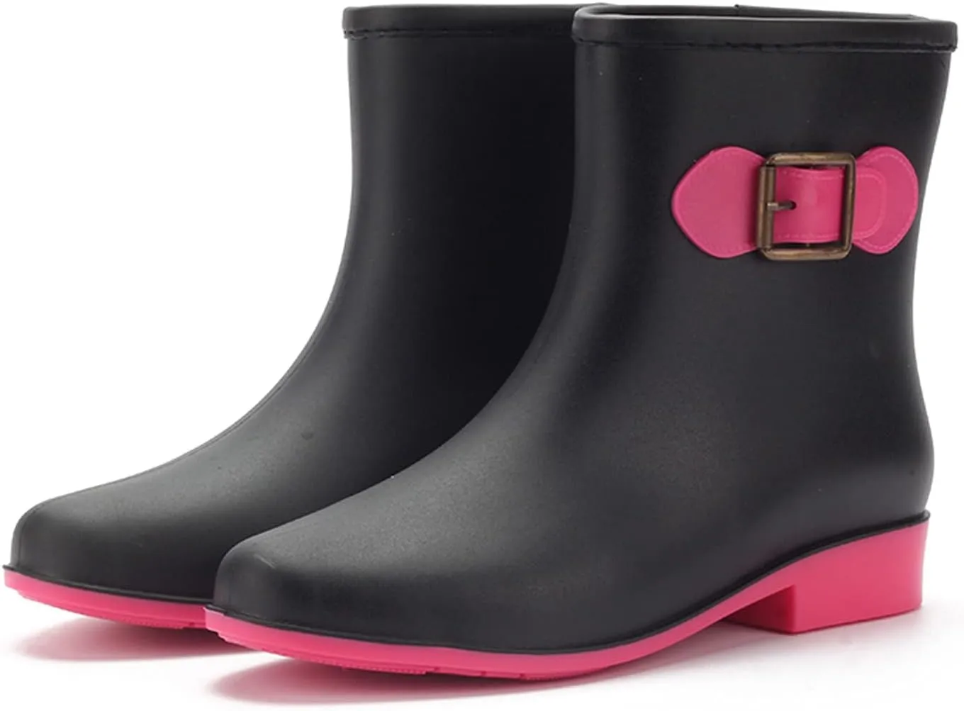 oiangi Rain Boots for Women Waterproof Fashion Non-slip Solid Round Toe Plastic Low Heel Hasp Slip-on Mid Calf Boots Comfortable Casual Square Heel Shoes