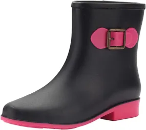 oiangi Rain Boots for Women Waterproof Fashion Non-slip Solid Round Toe Plastic Low Heel Hasp Slip-on Mid Calf Boots Comfortable Casual Square Heel Shoes