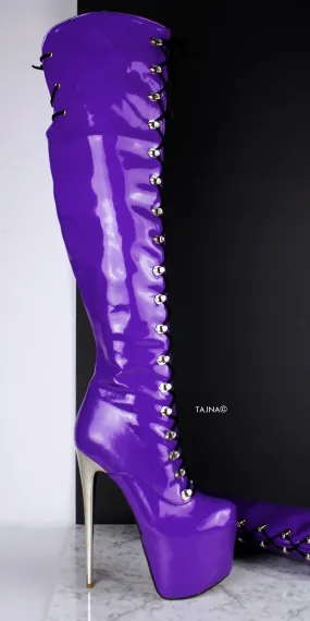 Purple Gloss Patent Military Style Lace Up Boots