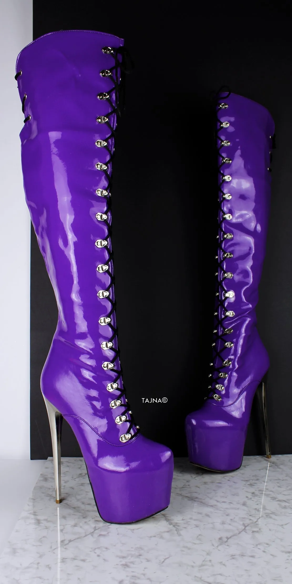 Purple Gloss Patent Military Style Lace Up Boots