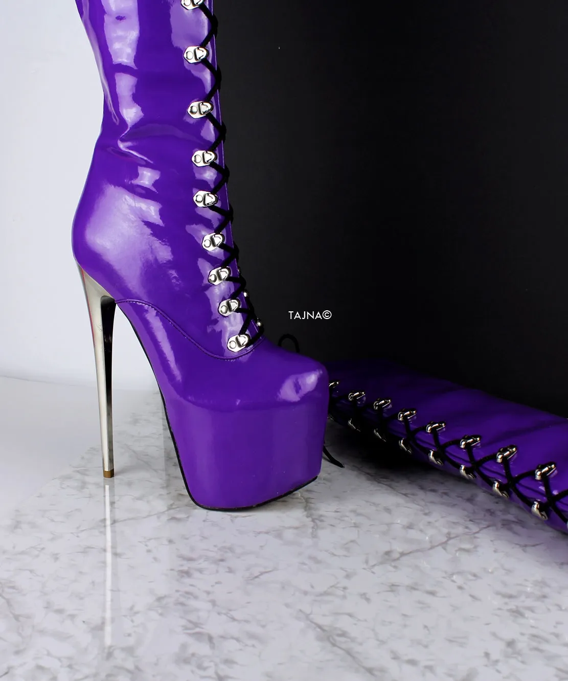Purple Gloss Patent Military Style Lace Up Boots