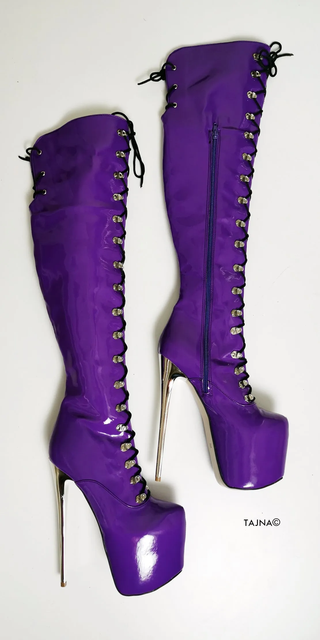 Purple Gloss Patent Military Style Lace Up Boots