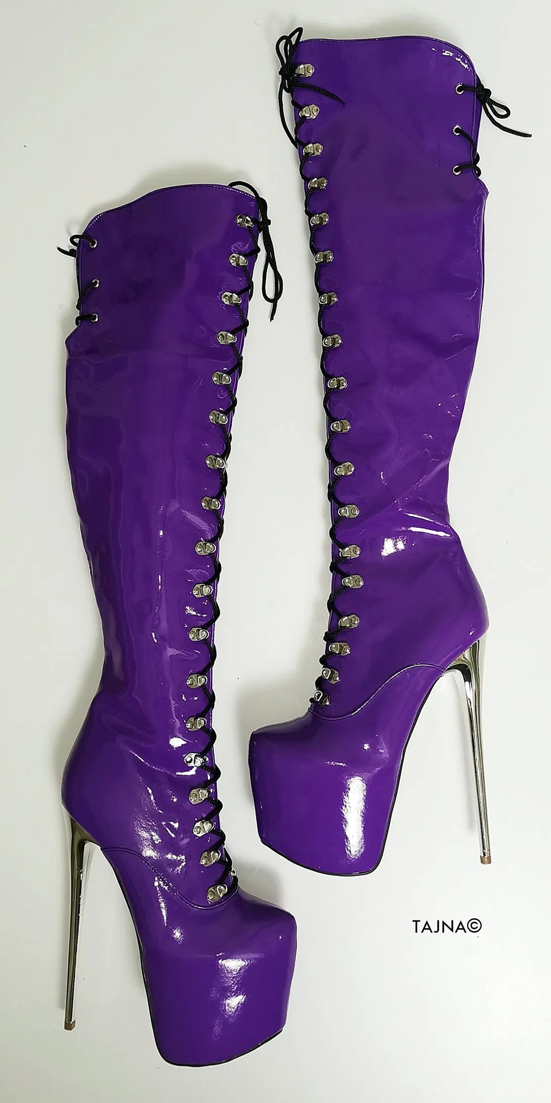 Purple Gloss Patent Military Style Lace Up Boots