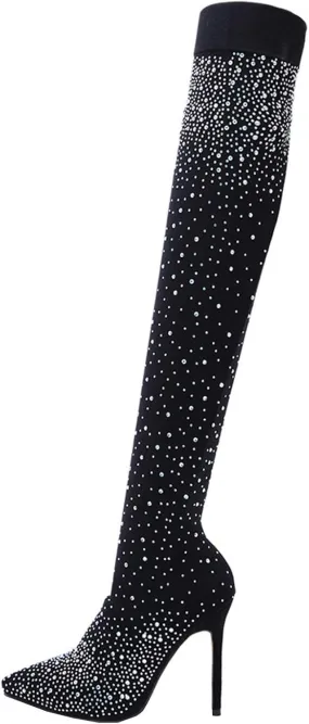 Sparkly Rhinestones Boots for Women 2022 Sexy Pointed Toe Stiletto High Heels over the Knee Boots Stretch Comfy Thigh High Boots Casual Shoes