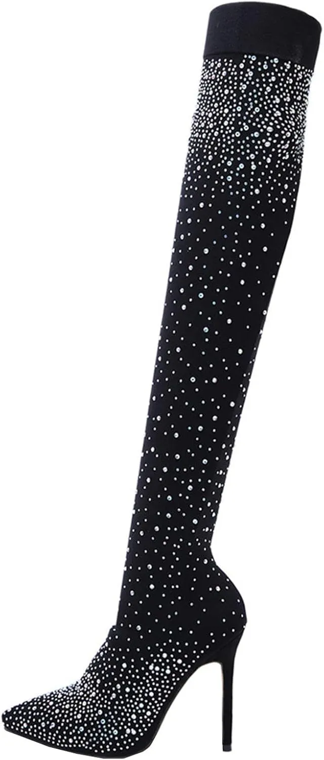 Sparkly Rhinestones Boots for Women 2022 Sexy Pointed Toe Stiletto High Heels over the Knee Boots Stretch Comfy Thigh High Boots Casual Shoes