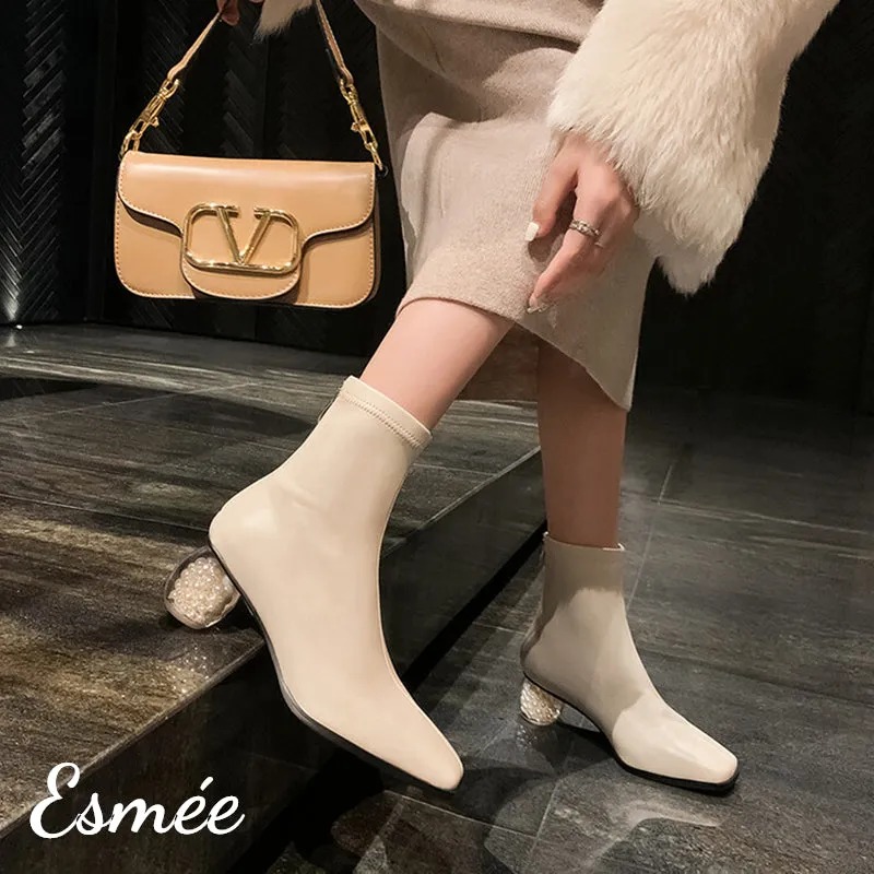 Suede Ankle Boots with Round Pearl Heels