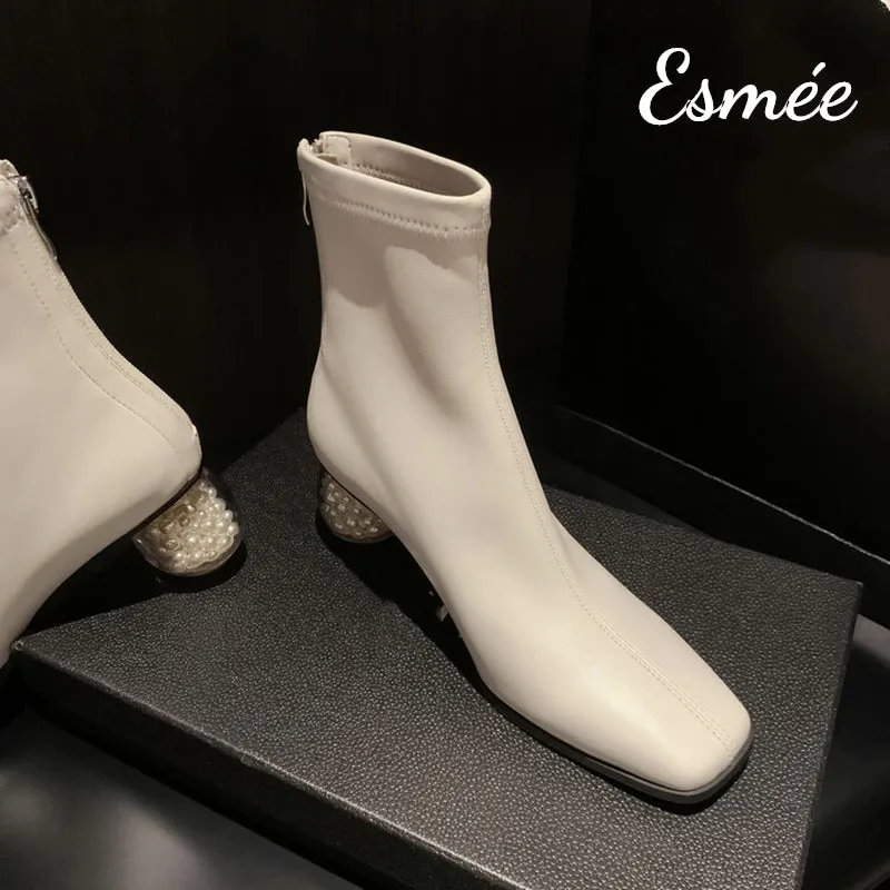 Suede Ankle Boots with Round Pearl Heels