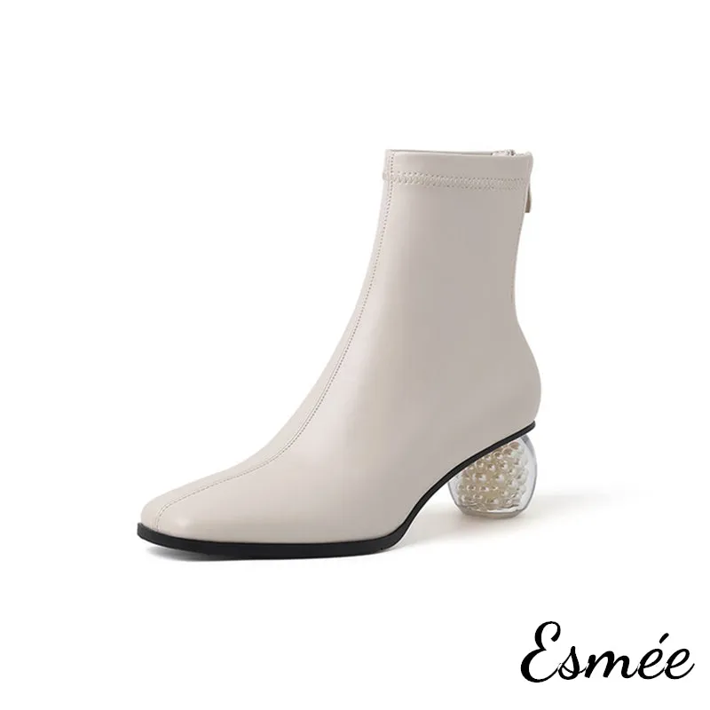 Suede Ankle Boots with Round Pearl Heels