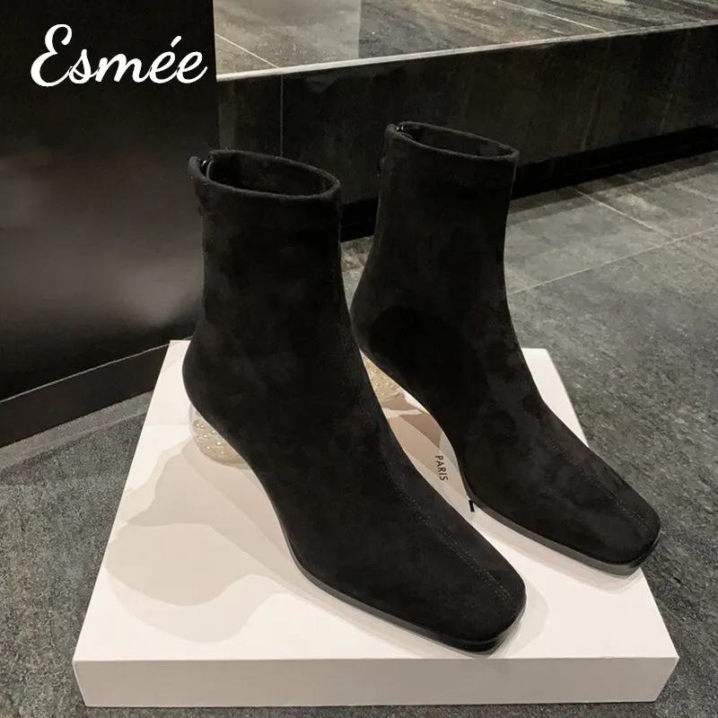 Suede Ankle Boots with Round Pearl Heels
