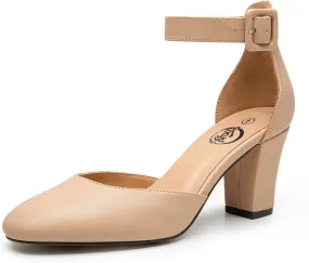 Trary Heels for Women, Low Heel Closed Round Toe Chunky Block Nude Heels Adjustable Ankle Strap Comfy Pumps Shoes Black Heels for Women Versatility Heels Wedding Daily Dressy 2.75" Heels