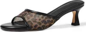 VOMIRA Heeled Sandals for Women Round Open Toe Slip On Kitten Heels Slides Sandals Leopard Mesh Black Heels Summer Party Dressy Heels Stiletto Slingback Heels