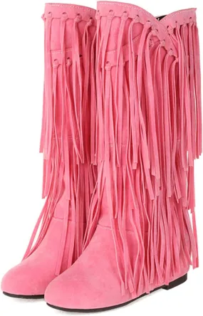 White Cowgirl Boots Tassel Cowboys Thigh High Boots Suede Flat Knee High Boots Mid Calf Tall Long Bootie
