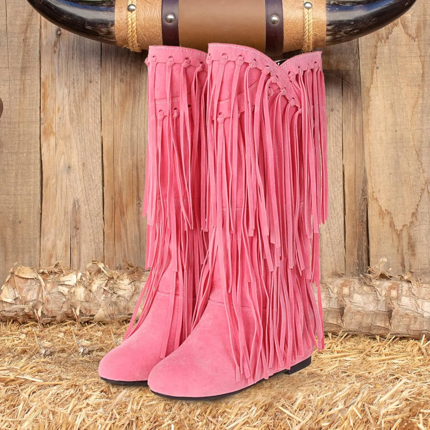 White Cowgirl Boots Tassel Cowboys Thigh High Boots Suede Flat Knee High Boots Mid Calf Tall Long Bootie