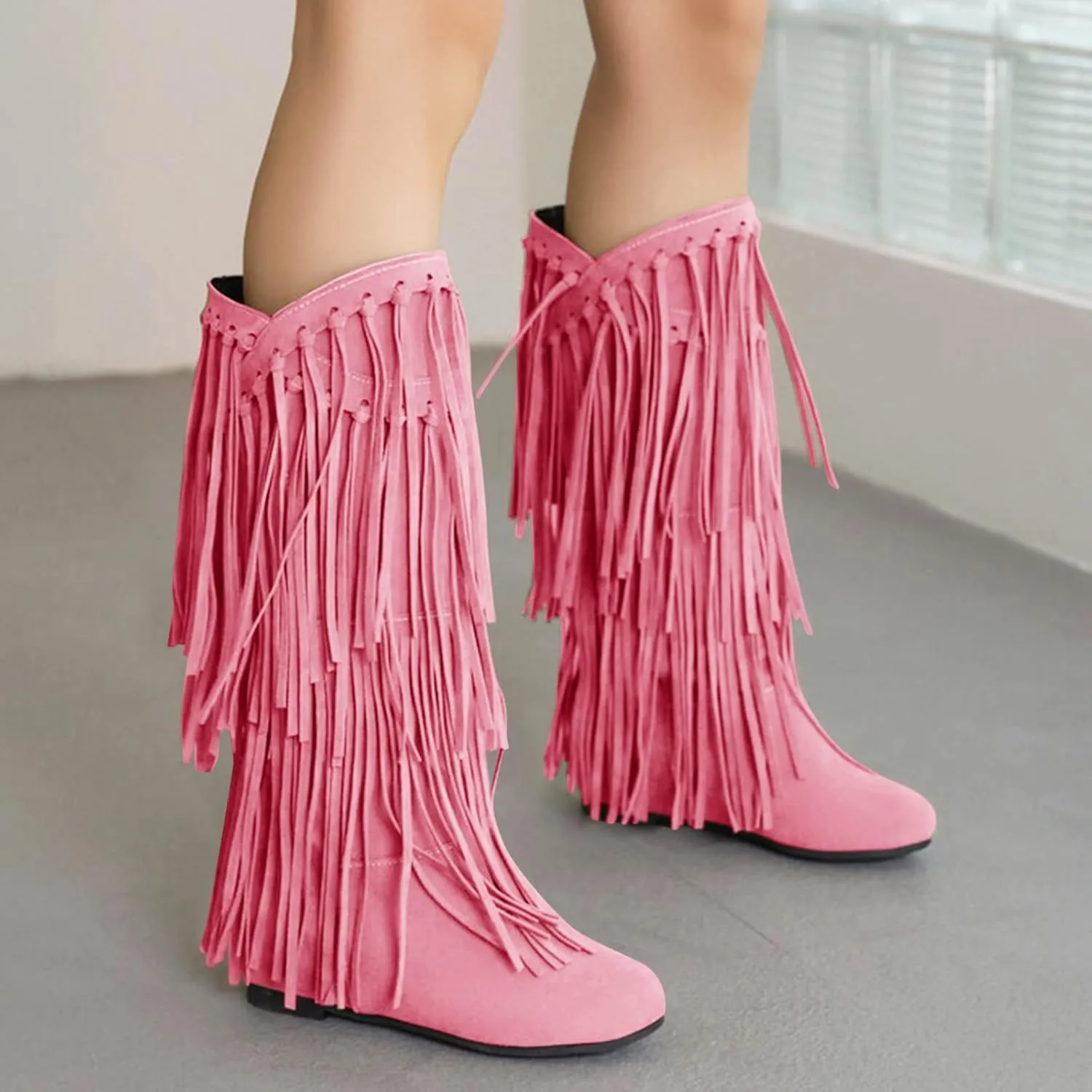 White Cowgirl Boots Tassel Cowboys Thigh High Boots Suede Flat Knee High Boots Mid Calf Tall Long Bootie