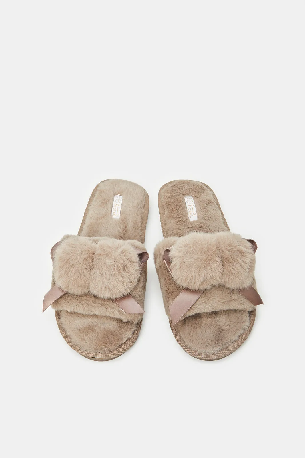 Women Taupe Pom Pom Slipper