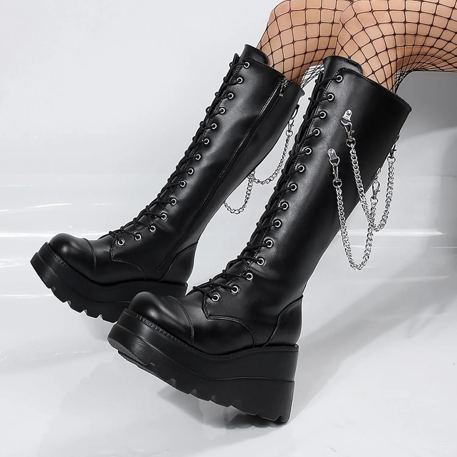 Womens Knee High Boots Wide Calf Flat Low Heel Side Zipper Faux Leather Fashion Winter Riding Boot Pull On Chelsea Combat
