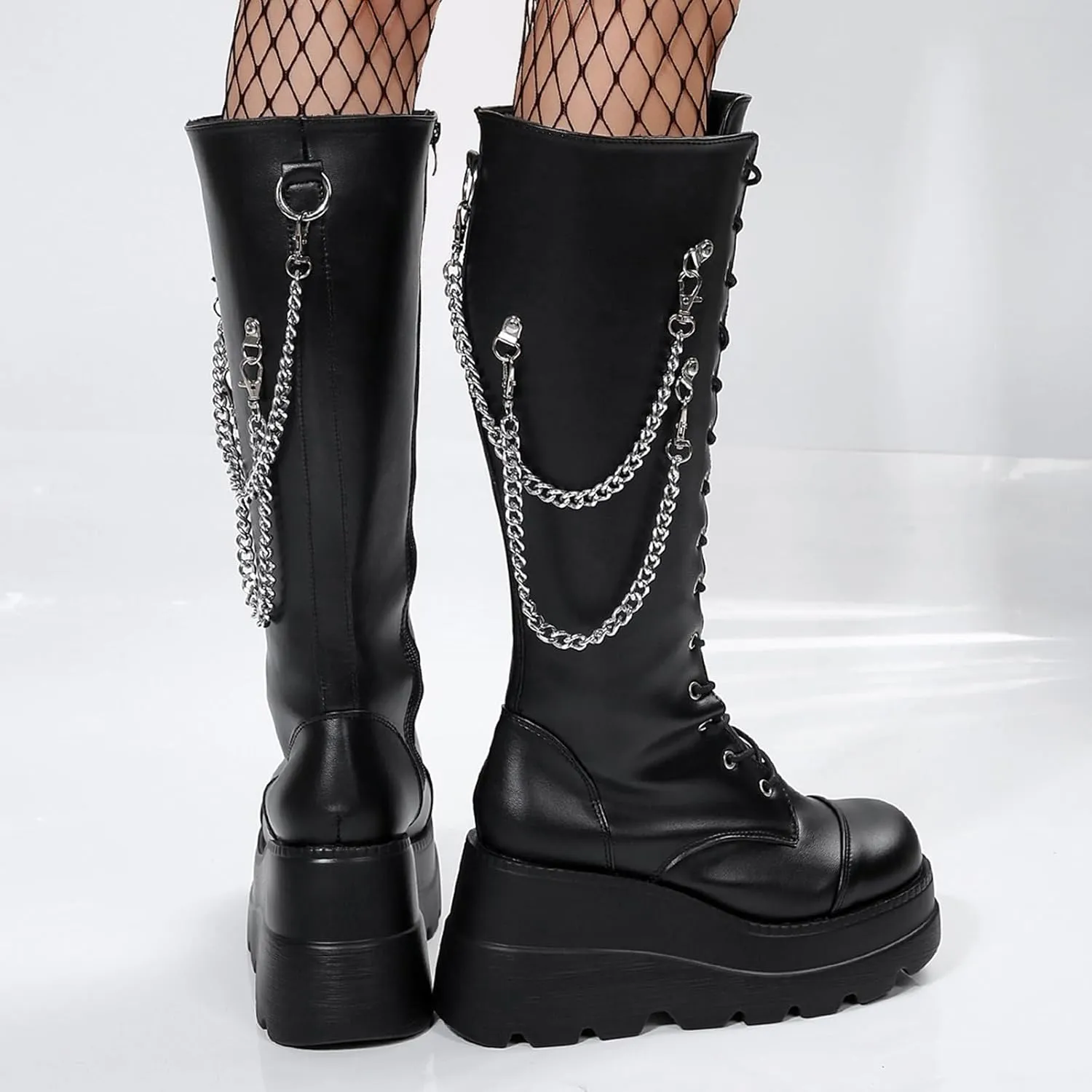 Womens Knee High Boots Wide Calf Flat Low Heel Side Zipper Faux Leather Fashion Winter Riding Boot Pull On Chelsea Combat