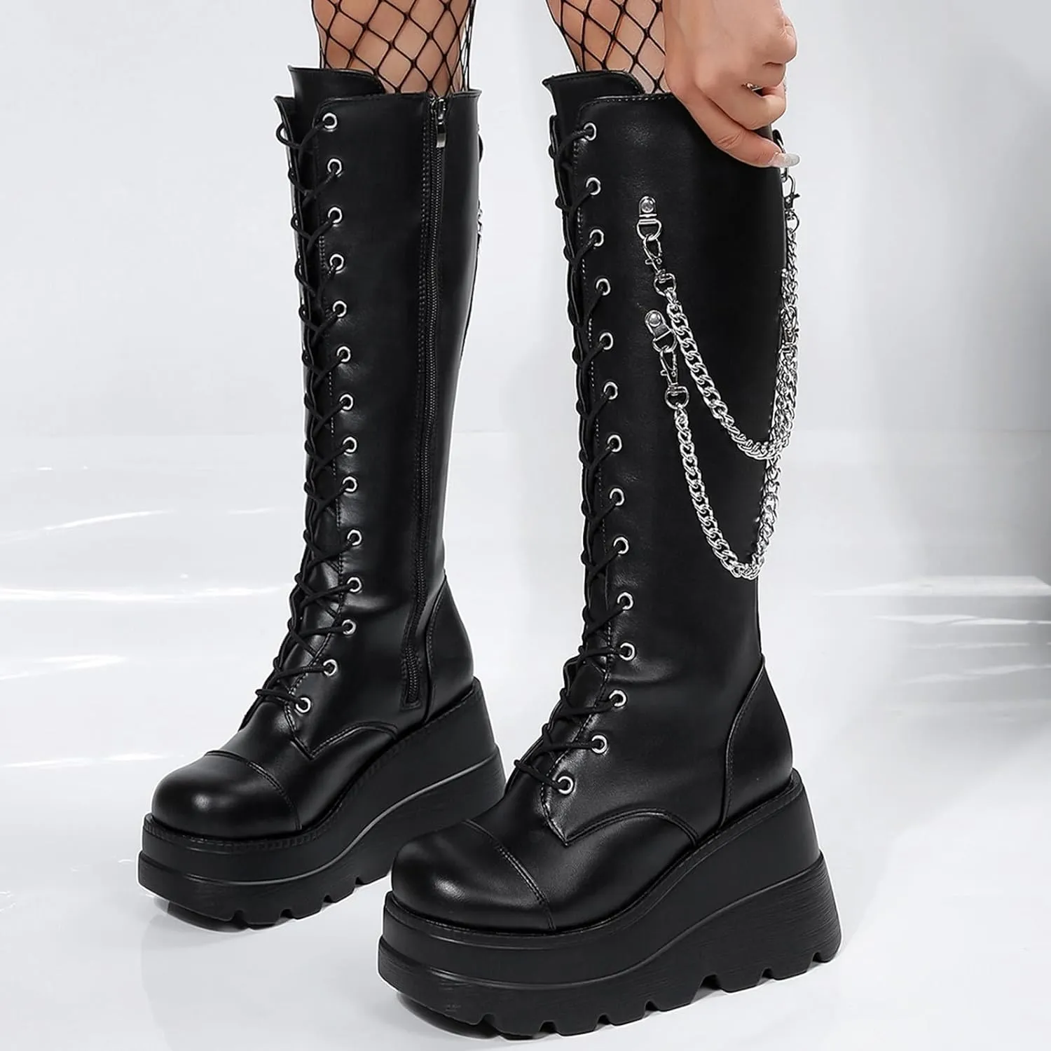 Womens Knee High Boots Wide Calf Flat Low Heel Side Zipper Faux Leather Fashion Winter Riding Boot Pull On Chelsea Combat