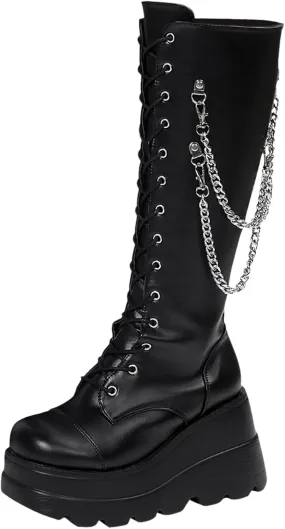 Womens Knee High Boots Wide Calf Flat Low Heel Side Zipper Faux Leather Fashion Winter Riding Boot Pull On Chelsea Combat