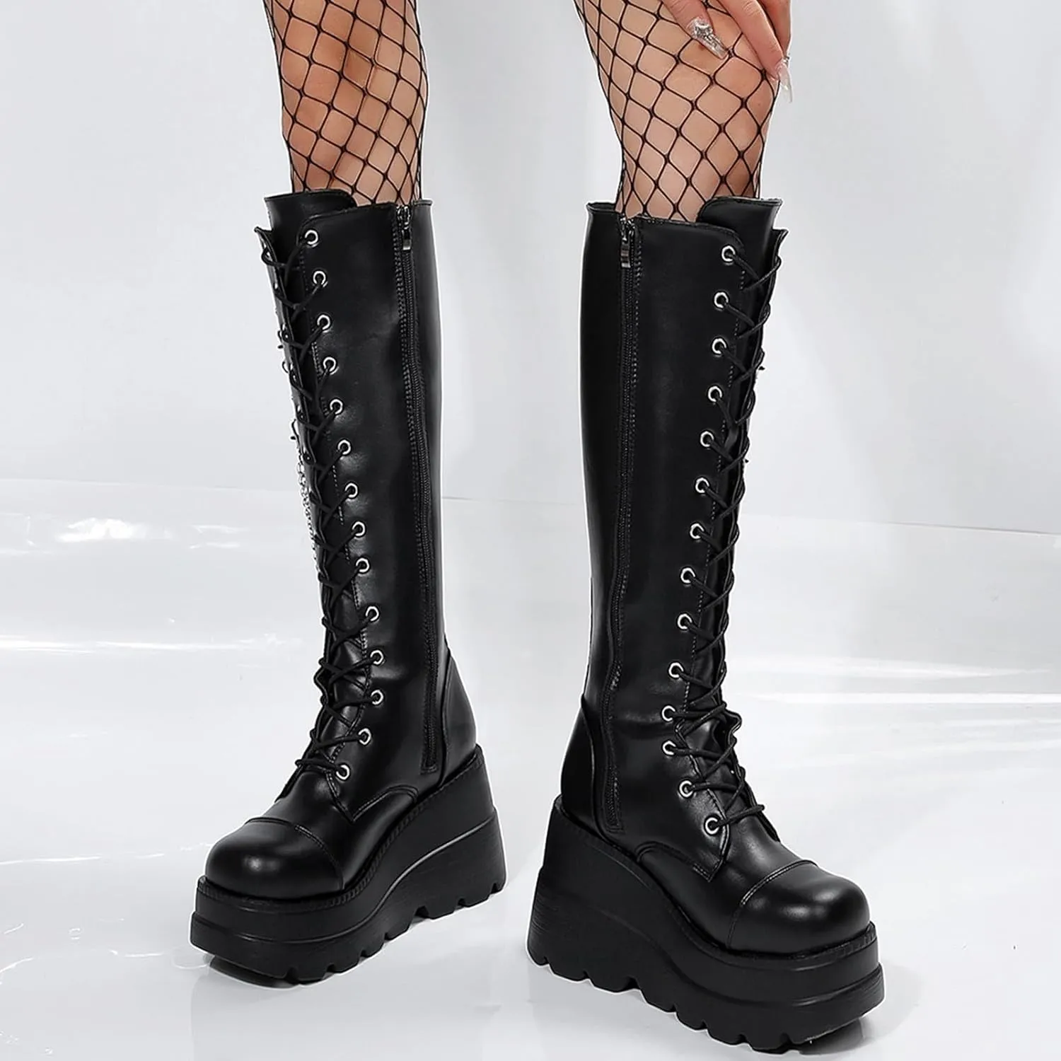 Womens Knee High Boots Wide Calf Flat Low Heel Side Zipper Faux Leather Fashion Winter Riding Boot Pull On Chelsea Combat