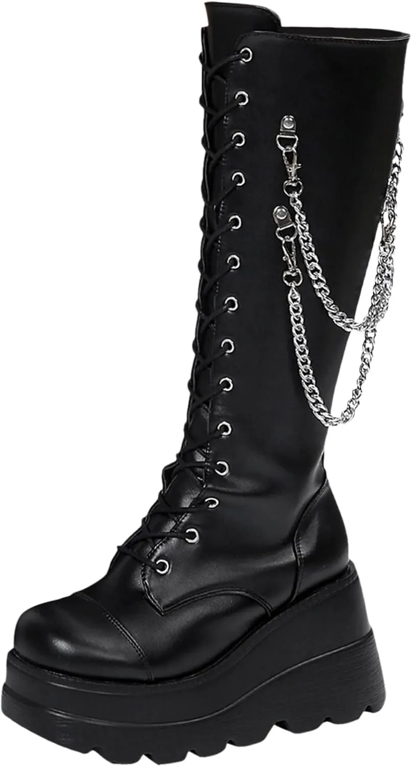 Womens Knee High Boots Wide Calf Flat Low Heel Side Zipper Faux Leather Fashion Winter Riding Boot Pull On Chelsea Combat